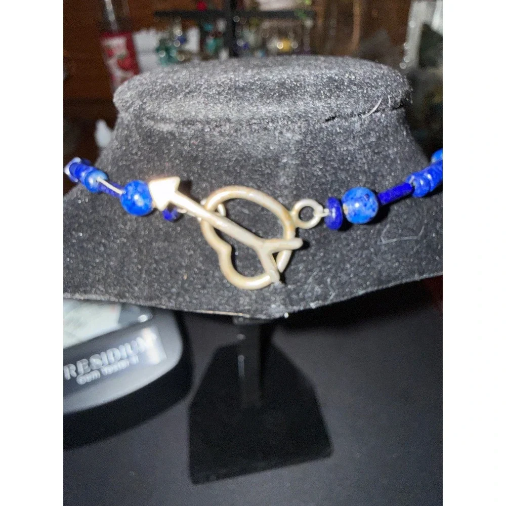 Tourmaline Blue Glass Beaded Necklace 16in Heart Arrow 925 Toggle Clasp